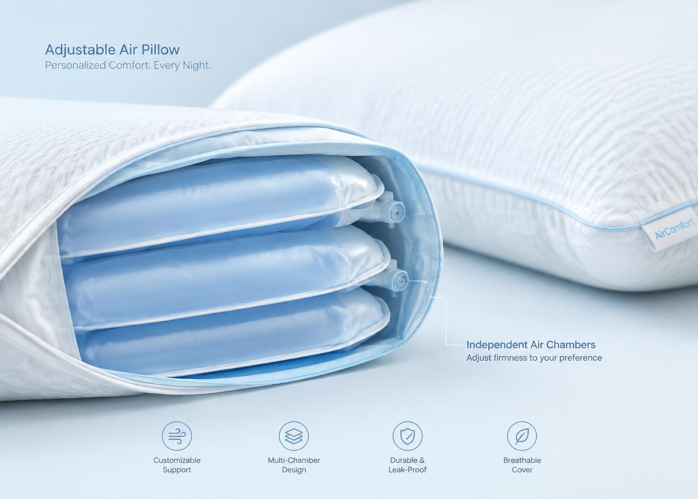 Cutaway view of the Melara Air Pillow showing independent adjustable air chambers